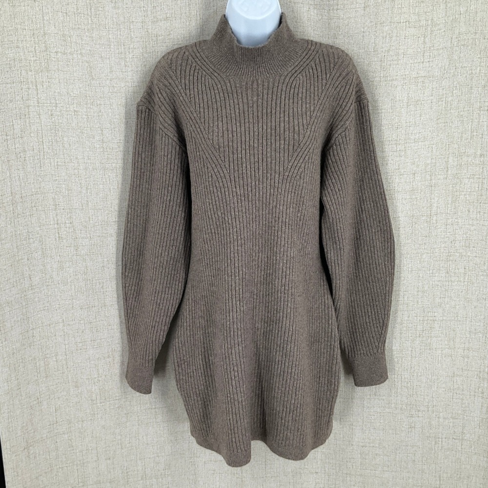 H&M Sweater Dress Womens L Brown Wool Blend Mock Neck Ribbed Mini Oversized NEW‎